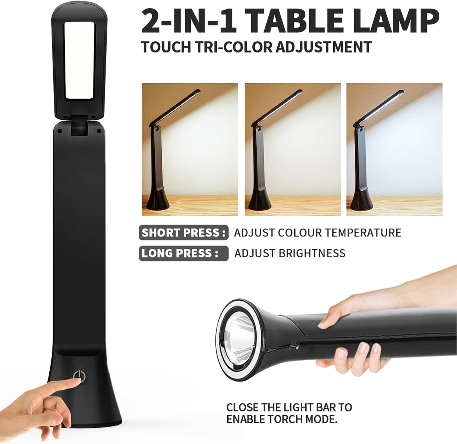 Rechargeable LED Desk Lamp with Flashlight Cordless lamp Foldable Portable Desk Lamp Battery Operated lamp Camping Flashlights for Home Office Study Emergency Outdoor (Black)